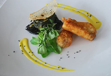 TRONCHETTO DI PESCE SPADA CON PANURE LEGGERA E CICORIELLA DI CAMPAGNA CON CIALDA DI PANE, E SALSA ALLO ZAFFERANO